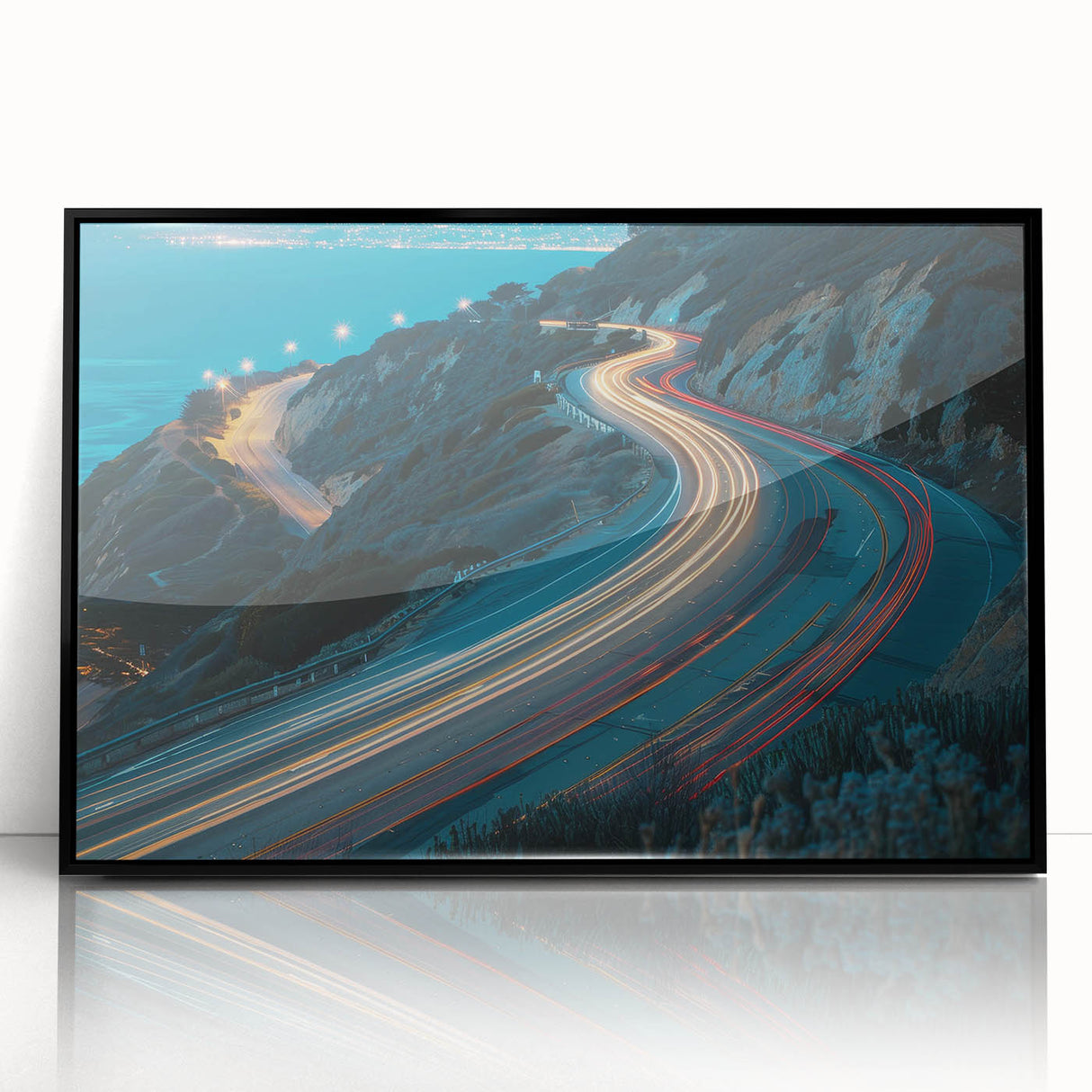 Framed acrylic wall art showcasing a stunning landscape design with winding roads, featuring a sleek black frame that enhances the colorful scenery, perfect for home decor.