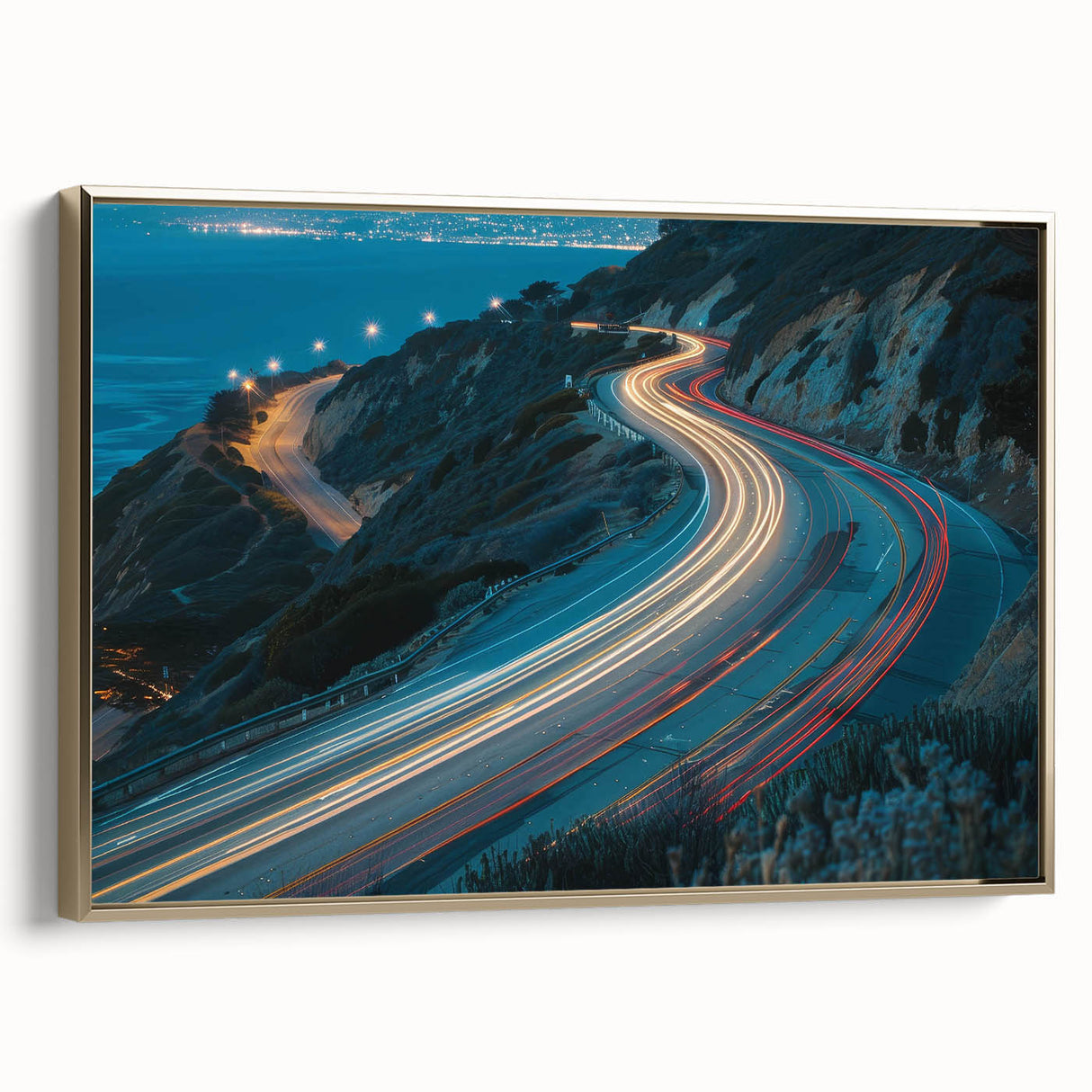 Framed canvas wall art showcasing a serene landscape with winding roads and golden hues, perfect for adding elegance and tranquility to home decor.