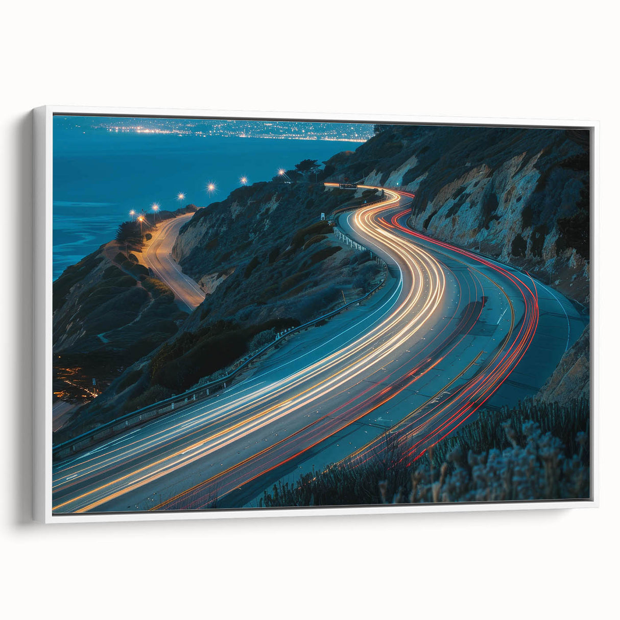 Framed canvas wall art showcasing a serene landscape with winding roads, featuring a white frame and side view, perfect for modern home decor.