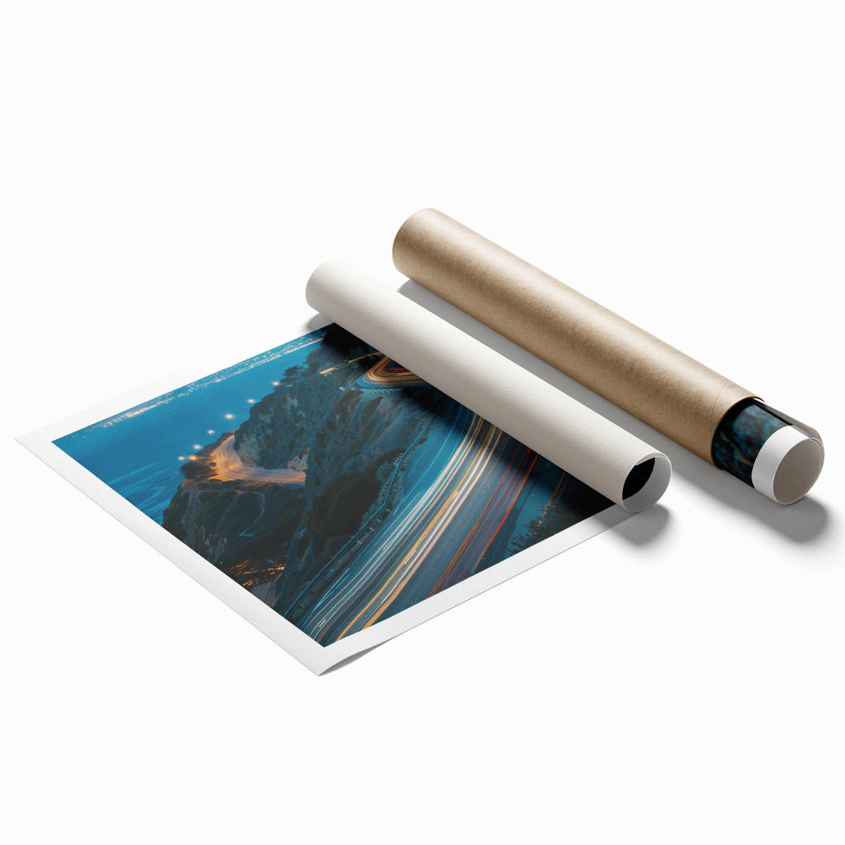 Rolled canvas print showcasing a stunning landscape road design with vibrant colors, ideal for home decor. Packaged securely in a durable cardboard tube for safe delivery.