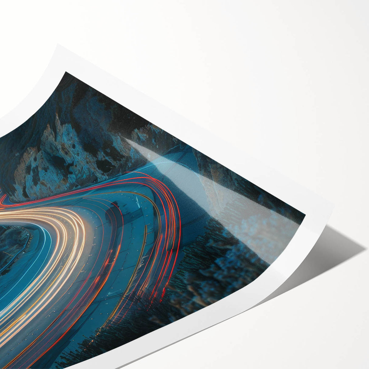 Stunning rolled print of a serene landscape featuring winding roads and lush greenery, ideal for home decor, showcasing vibrant colors and intricate details.