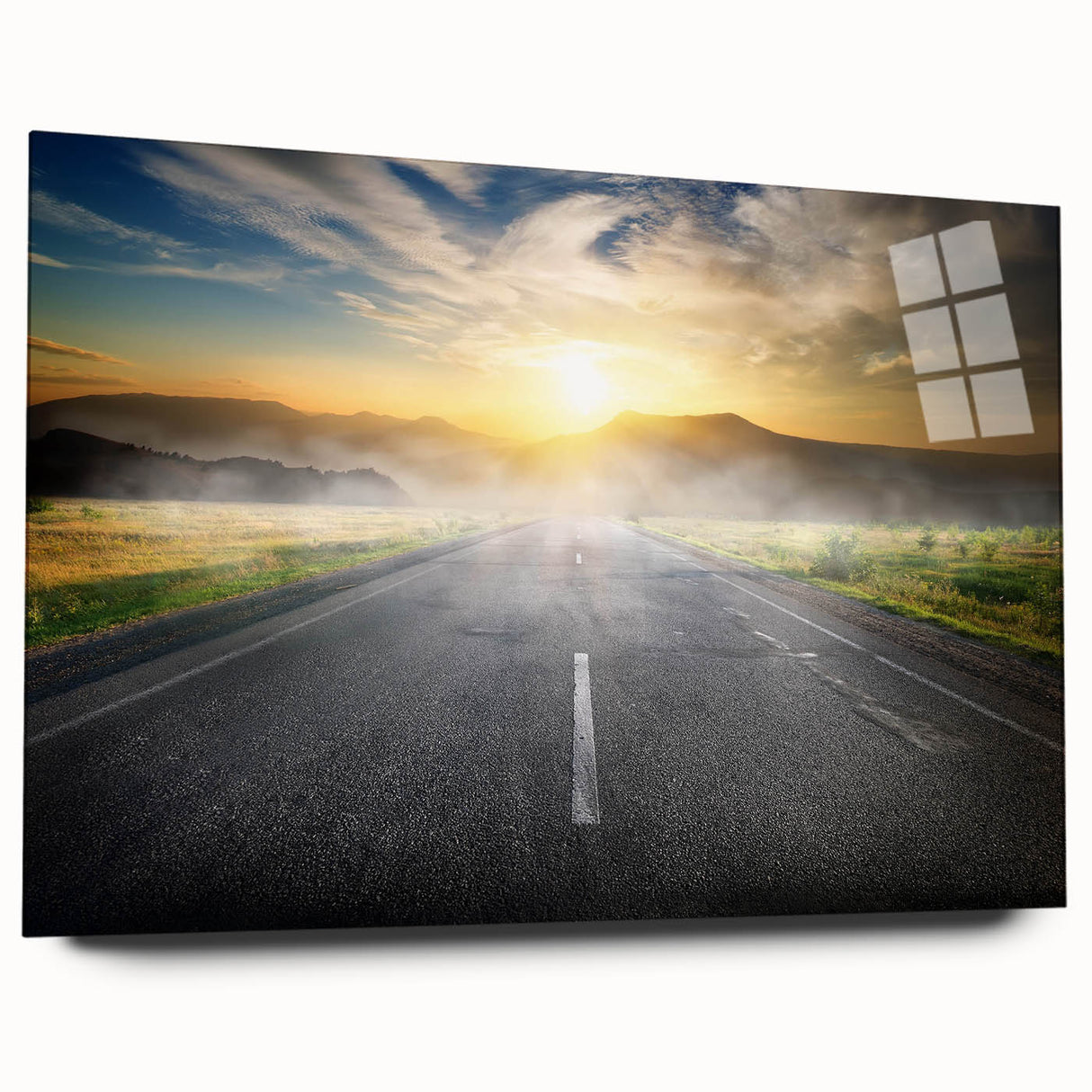 Acrylic glass wall art featuring a vibrant landscape design with winding roads and lush greenery, viewed from the side, showcasing its sleek modern style perfect for home decor.