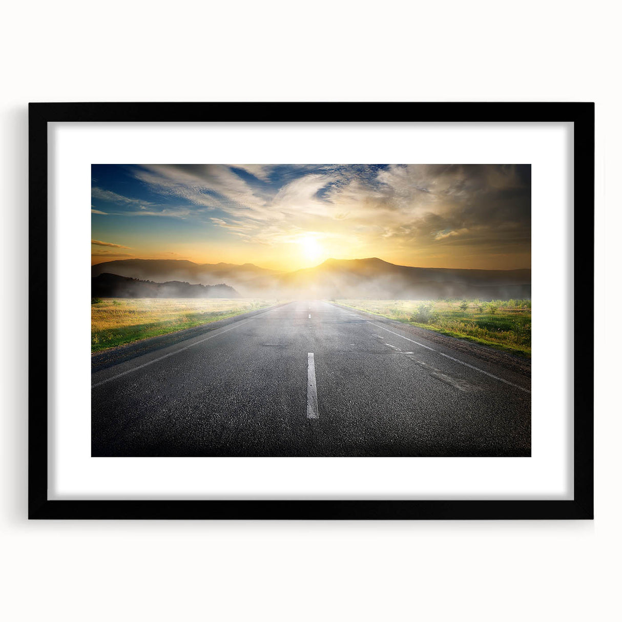 Framed wall art featuring a scenic road landscape design with a black frame and matting, ideal for home decor and enhancing living spaces.