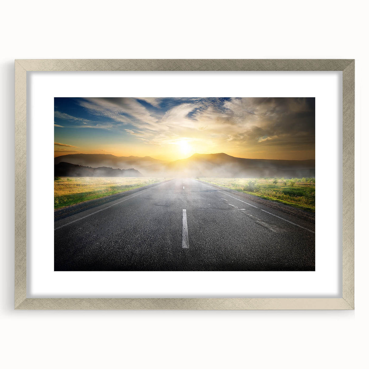 Framed silver wall art featuring a serene landscape design with roads, showcasing a modern aesthetic suitable for home decor, emphasizing tranquility and nature.