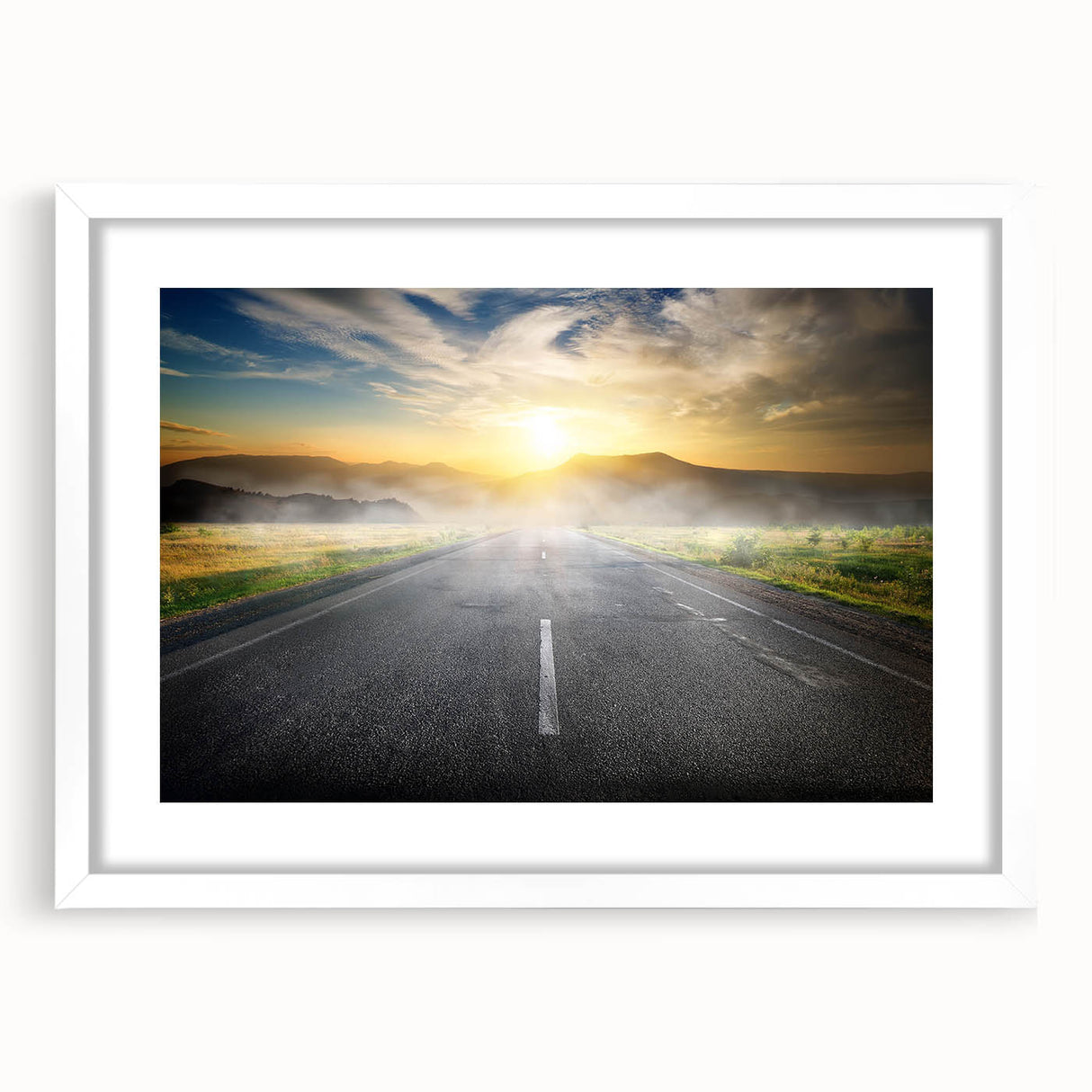 Framed wall art featuring a serene landscape with winding roads and lush greenery, presented in a modern white frame with a mat, ideal for home decor.