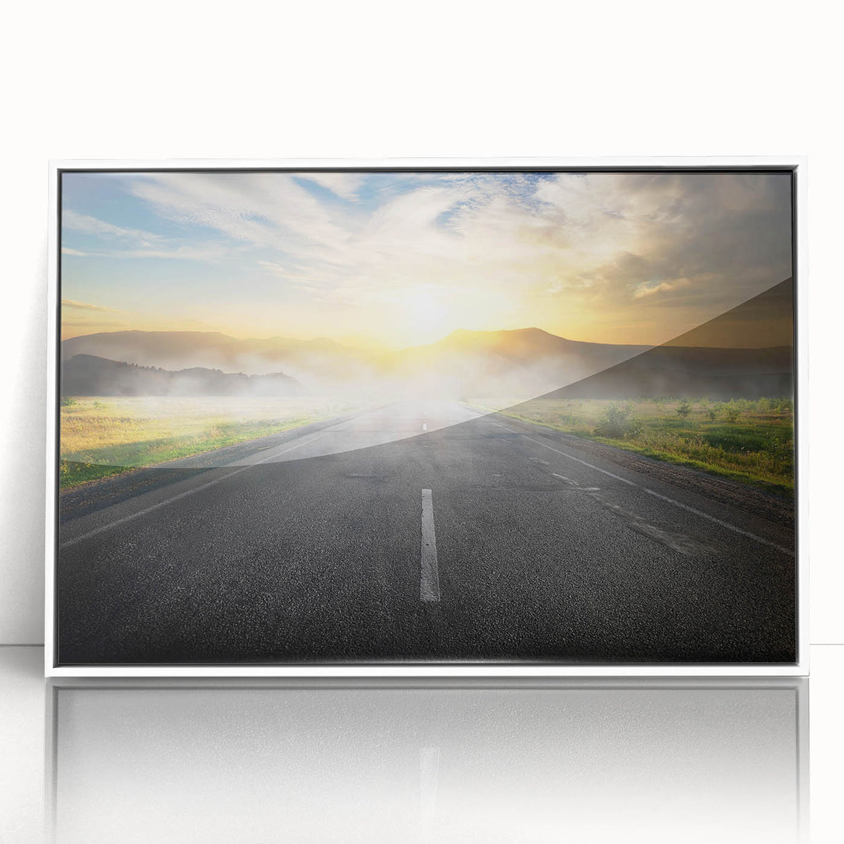 Framed acrylic wall art depicting a serene landscape road design, featuring soft colors and intricate details, ideal for modern home decor.