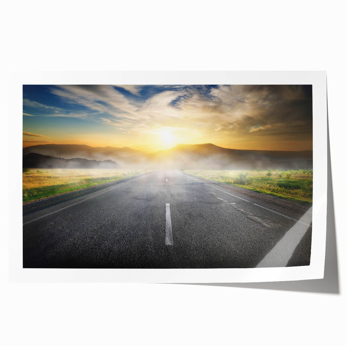 Rolled print of a scenic landscape featuring winding roads and lush greenery, designed for wall art display. Perfect for home decor enthusiasts seeking nature-inspired artwork.