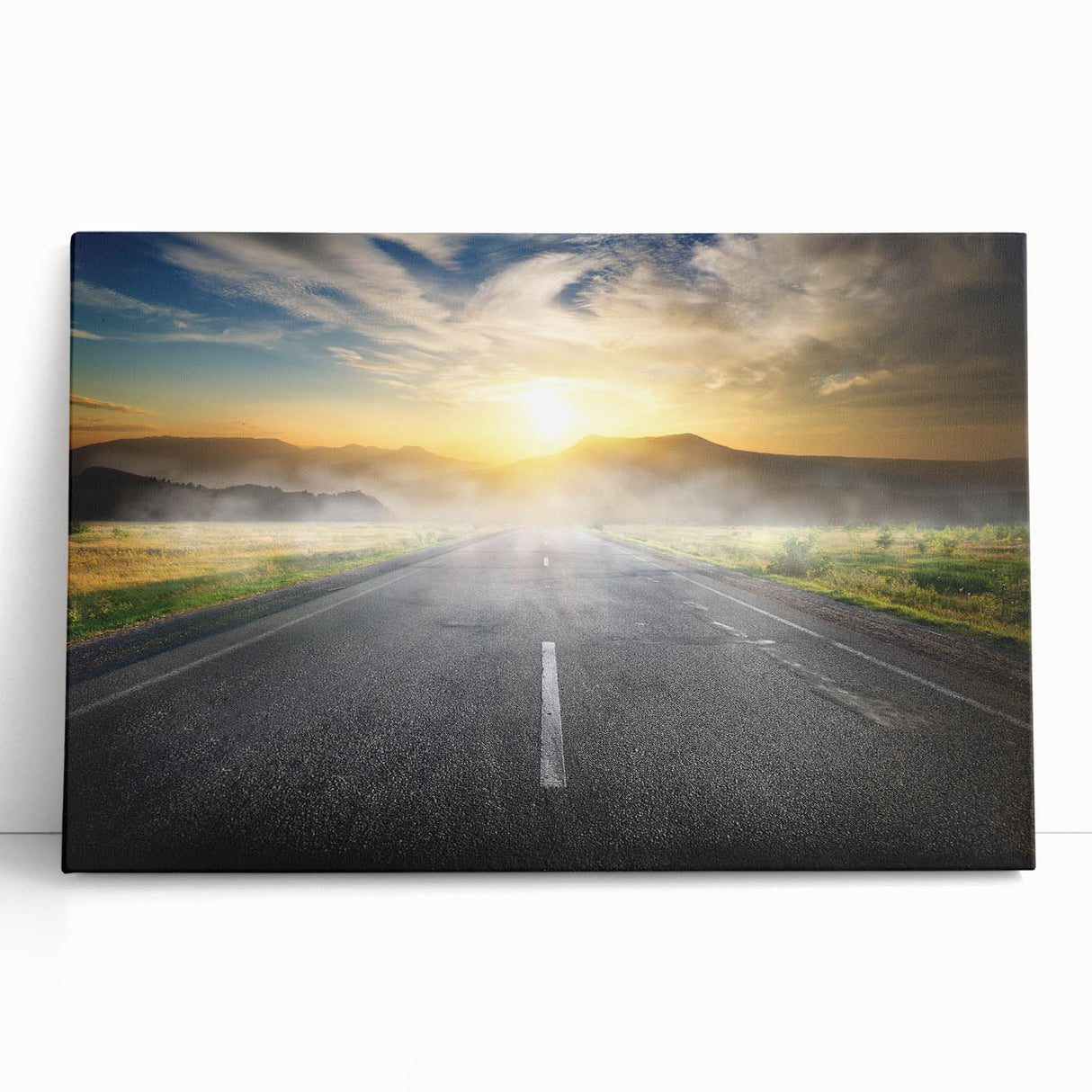 Stretched canvas wall art showcasing a serene landscape with winding roads, featuring vibrant colors and intricate details, perfect for home decor enhancement.