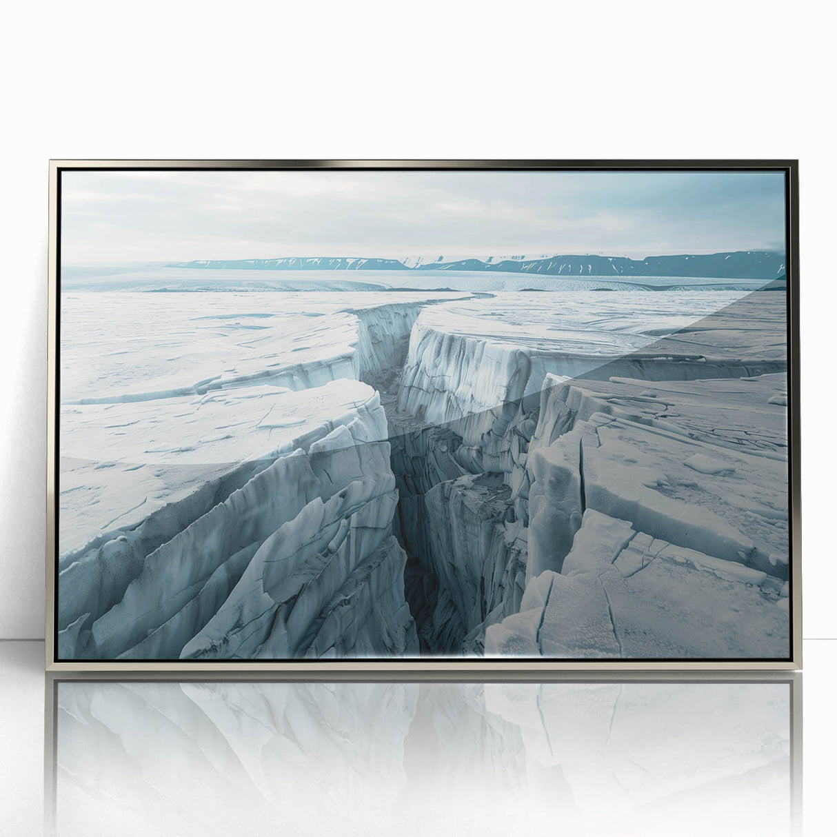 Framed acrylic wall art showcasing a serene landscape with winding roads, highlighted by a silver frame, ideal for modern home decor and interior design.