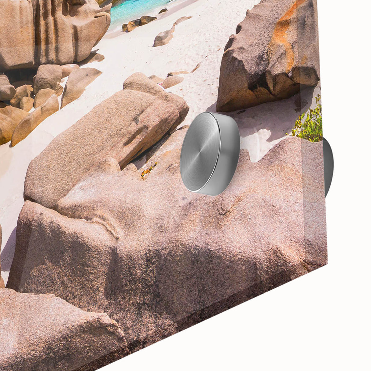 Close-up view of a vibrant acrylic glass artwork showcasing a detailed landscape with textured rocks, ideal for modern home decor or wall art collection.