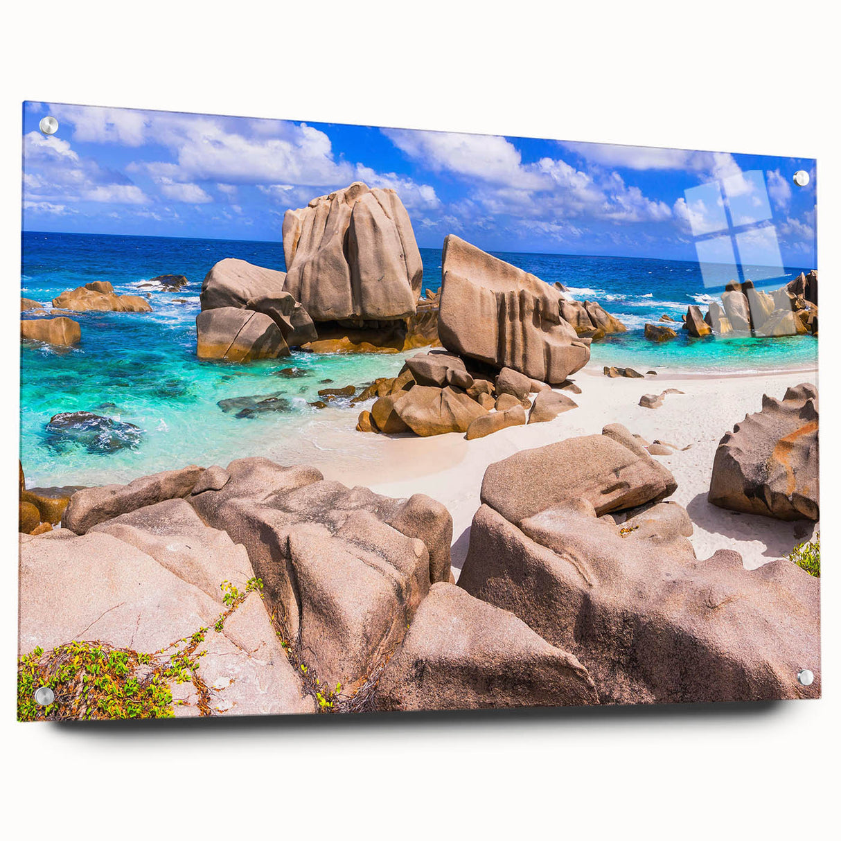 Acrylic glass wall art showcasing a scenic landscape with colorful rocks, elegantly displayed from a side view with decorative pins, perfect for modern home decor.