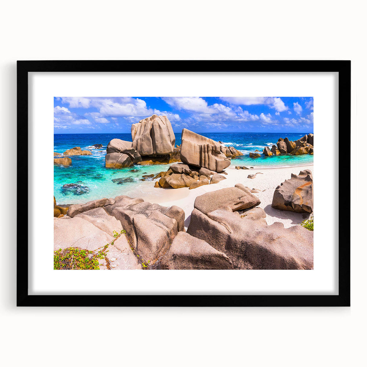 Framed black wall art featuring a stunning landscape design with rocky textures and vibrant colors, perfect for enhancing modern home decor.