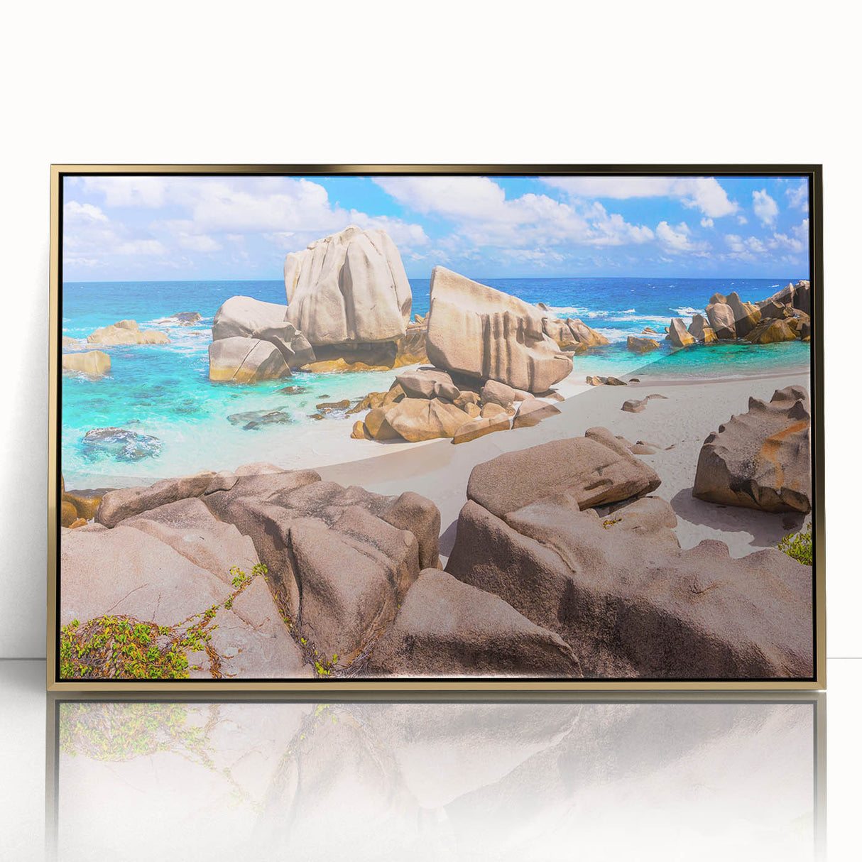 Framed acrylic wall art featuring an elegant gold design with a landscape of textured rocks, perfect for modern home decor. Ideal for adding a touch of sophistication to any room.