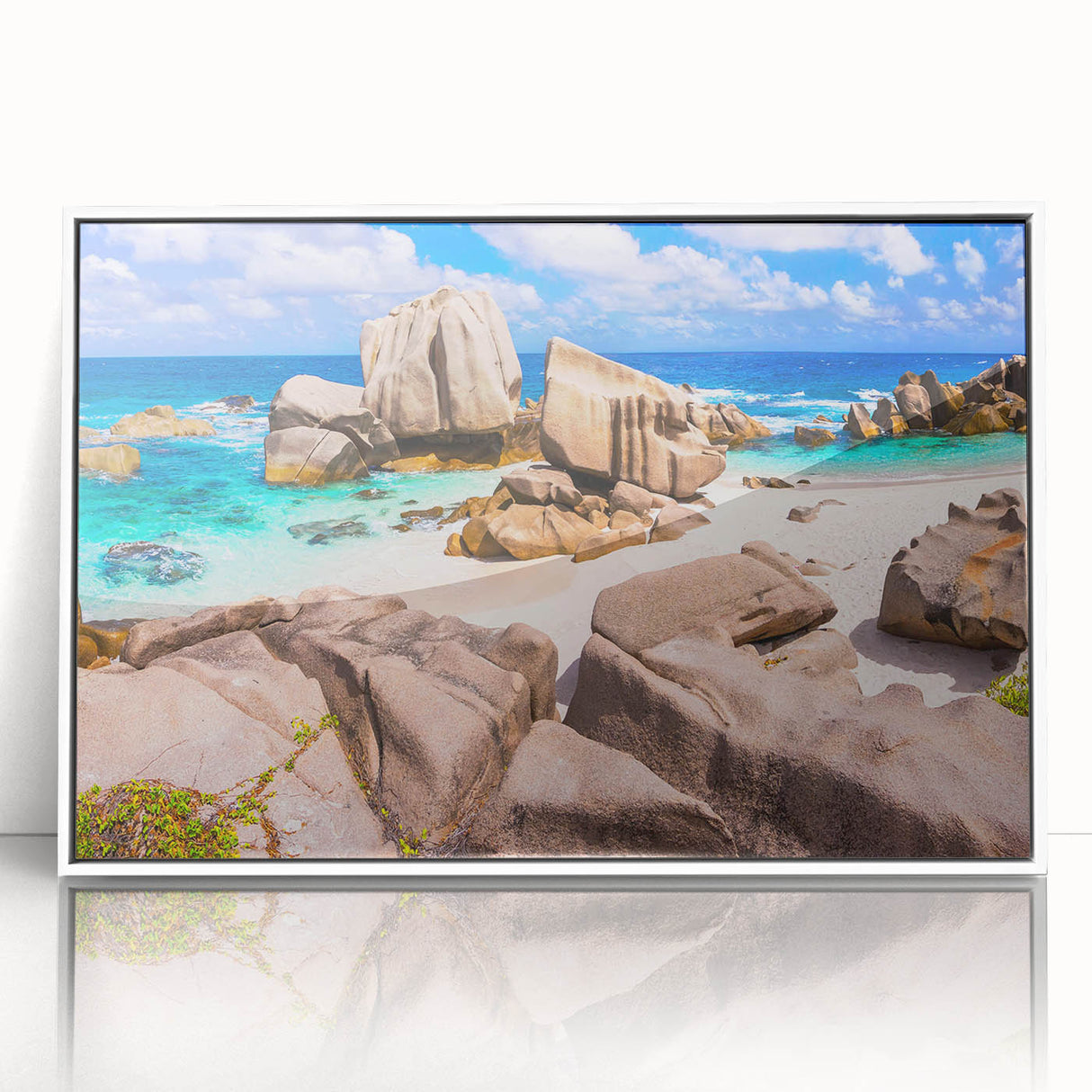 Framed acrylic wall art showcasing a serene landscape with rocks, complemented by a white frame, perfect for modern home decor. Ideal for nature enthusiasts and art lovers.