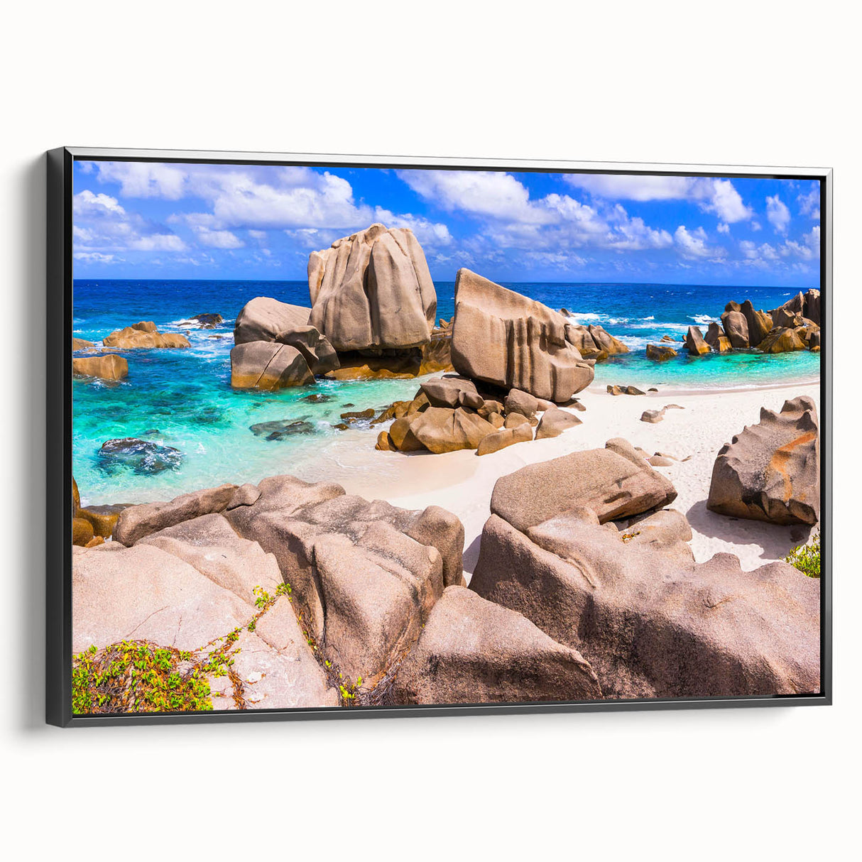Framed canvas wall art showcasing a vibrant landscape of textured rocks and nature, featuring a sleek black frame and side view, perfect for modern home decor.