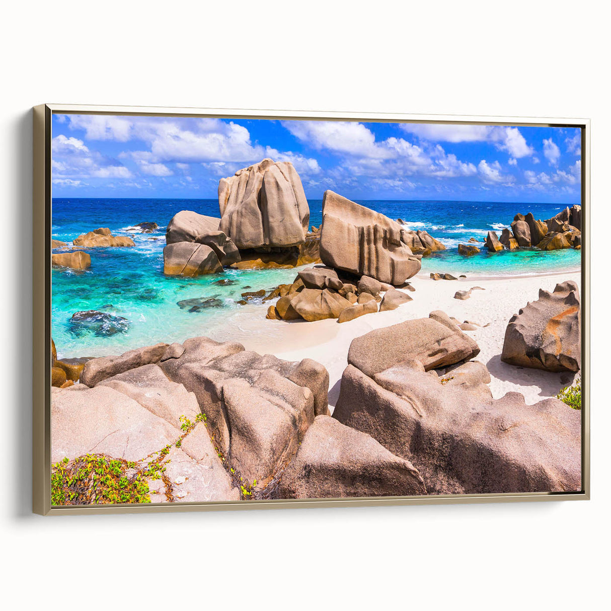 Framed canvas wall art showcasing a serene landscape with rocks, featuring a gold frame, perfect for home decor. Ideal for adding elegance to any room.