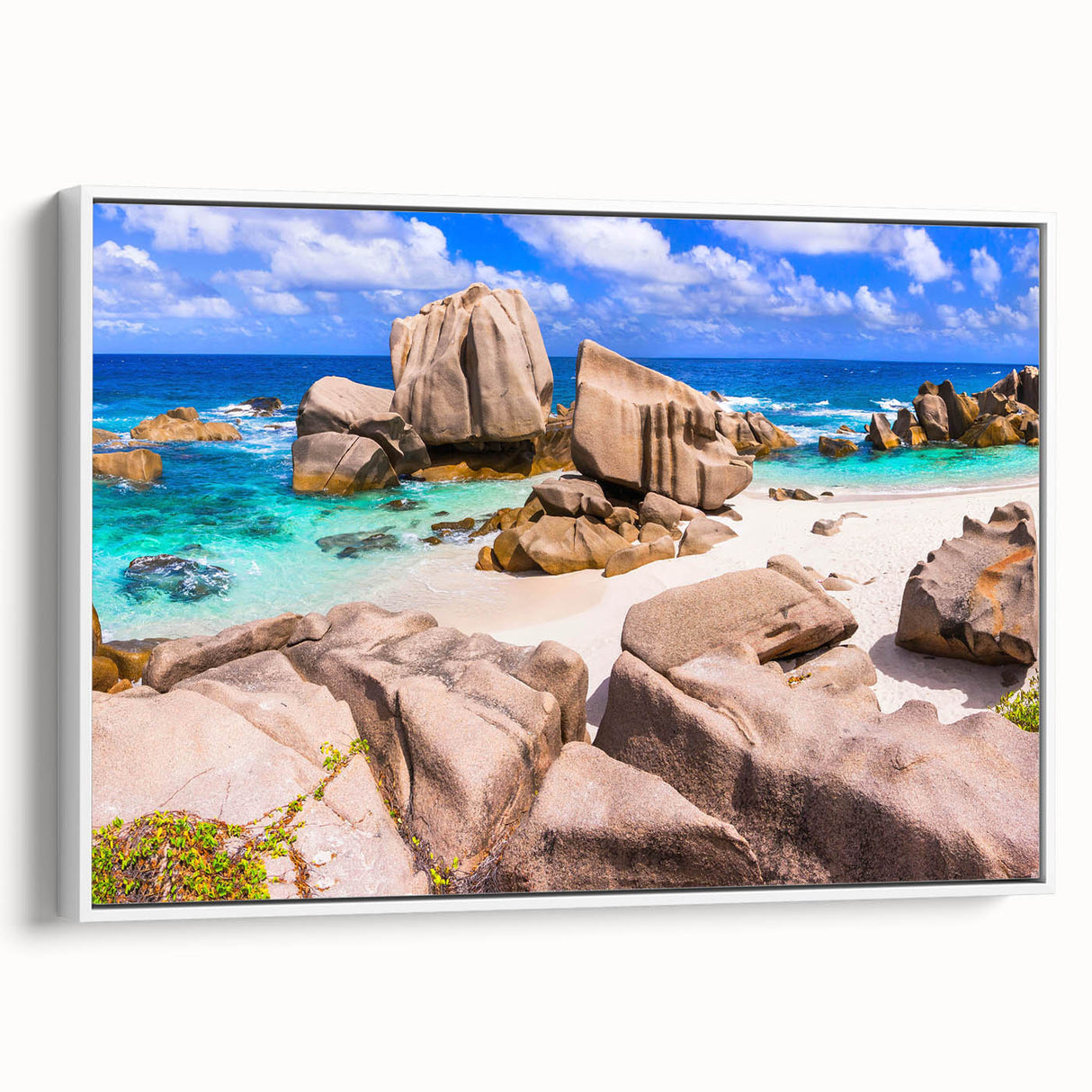 Framed canvas wall art showcasing a stunning landscape with rocks, designed for modern decor. The artwork features earthy tones and intricate details, perfect for enhancing any interior space.