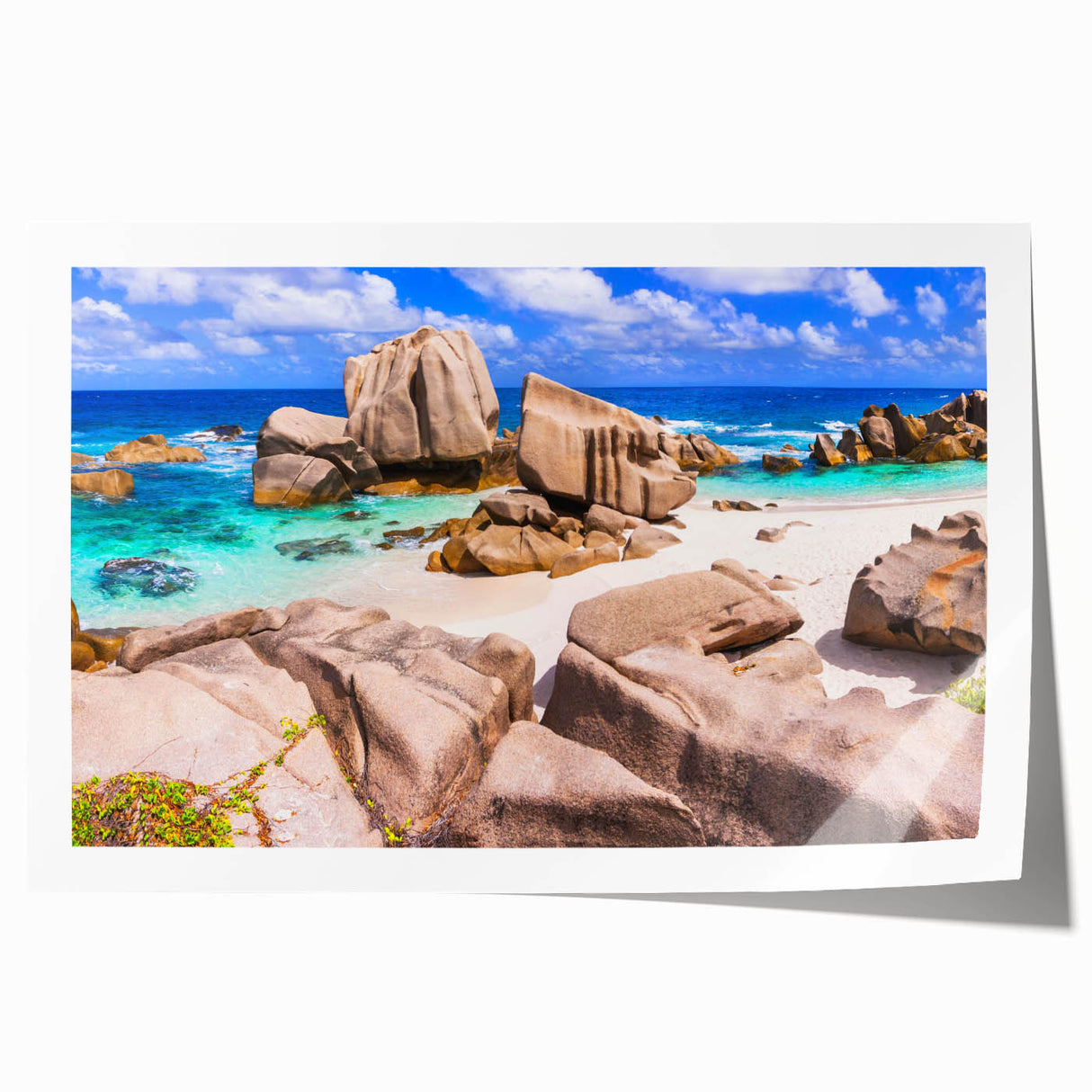 Rolled print showcasing a stunning landscape design featuring rocky formations under a vibrant sky, ideal for wall art decor in modern interiors.