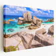 Stretched canvas wall art showcasing a vibrant landscape design with rocky formations and lush greenery, perfect for enhancing interior decor with nature-inspired aesthetics.