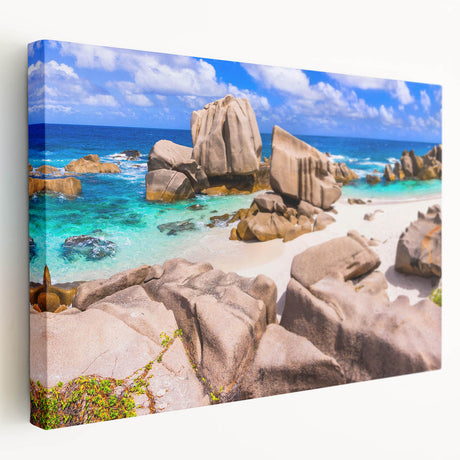 Stretched canvas wall art showcasing a vibrant landscape design with rocky formations and lush greenery, perfect for enhancing interior decor with nature-inspired aesthetics.