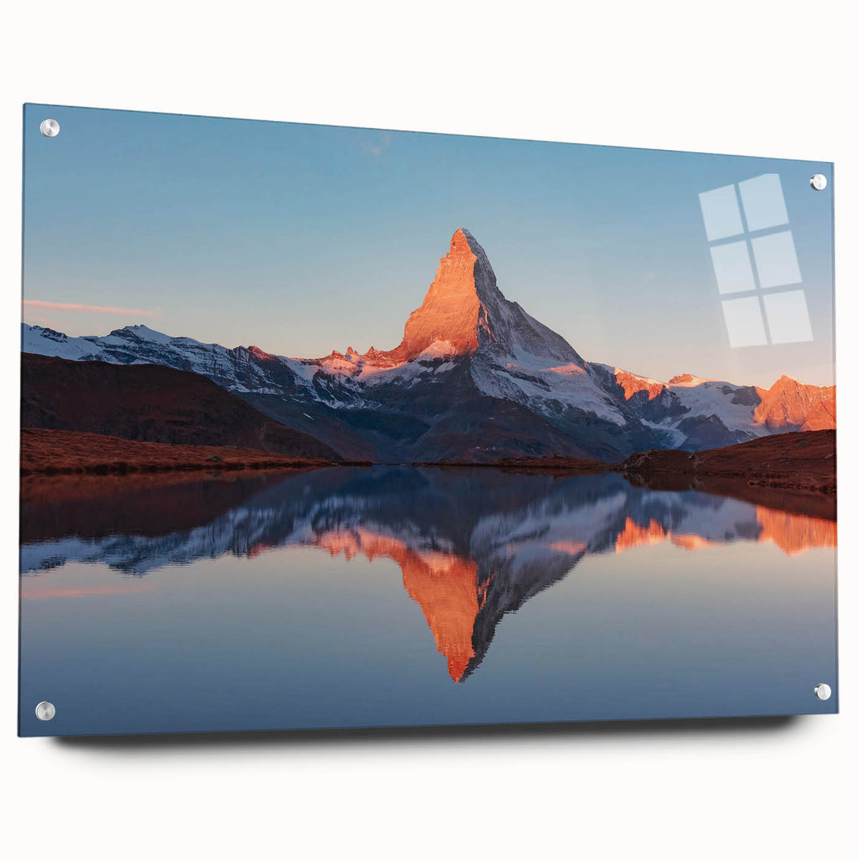 Acrylic wall art piece showcasing a stunning landscape design with vibrant colors and intricate rock formations, elegantly displayed in a modern setting with pins for easy hanging.