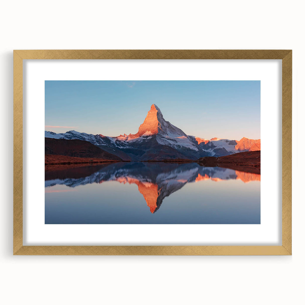 Elegant wall art frame showcasing a landscape design with rocky formations, featuring a gold mat and front-facing view, perfect for modern home decor.