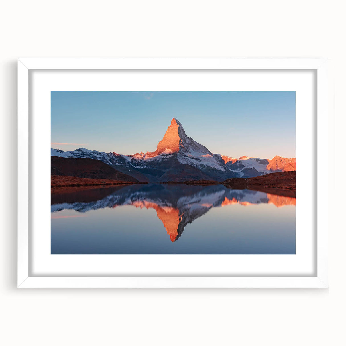 Framed wall art featuring a serene landscape design with rocks and natural hues, set in a white mat, ideal for enhancing home decor and creating a calming atmosphere.