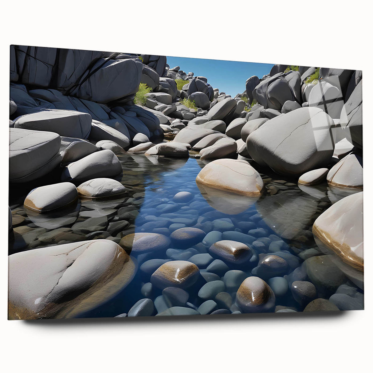 Acrylic glass wall art displaying a stunning landscape design featuring textured rocks, designed for modern decor, showcasing vibrant colors and intricate details.