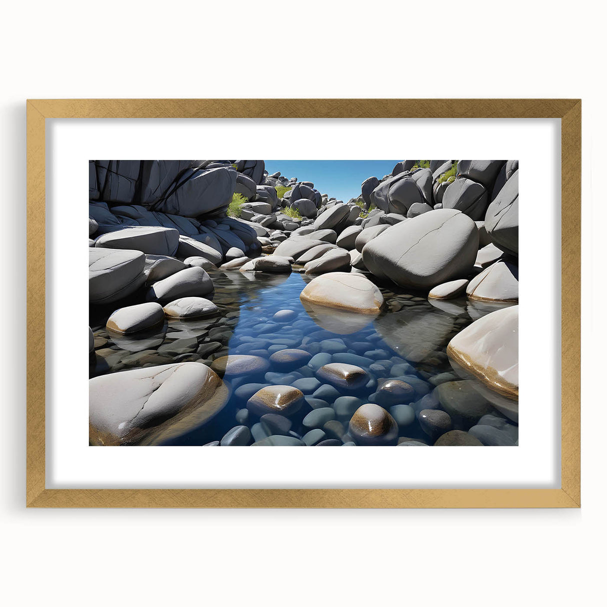Framed wall art featuring a stunning landscape with rocks, elegantly matted in gold, perfect for enhancing home decor. Ideal for nature lovers and art enthusiasts.