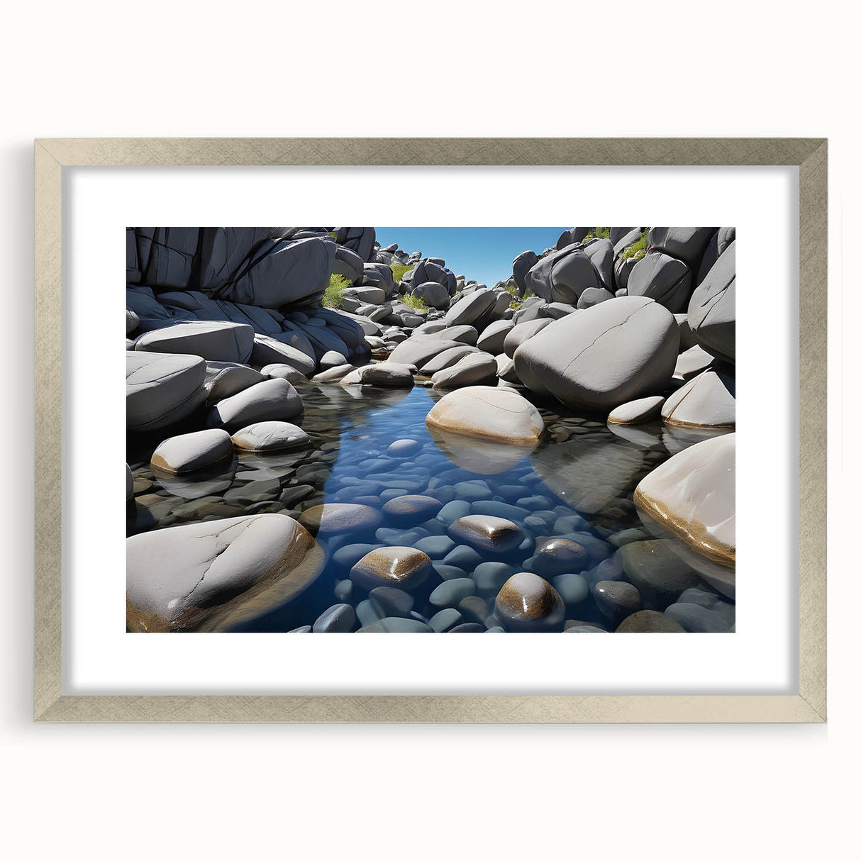 Framed wall art featuring a landscape design with rocks, presented in a sleek silver frame and matting, ideal for modern home decor. Perfect for adding elegance to living spaces.