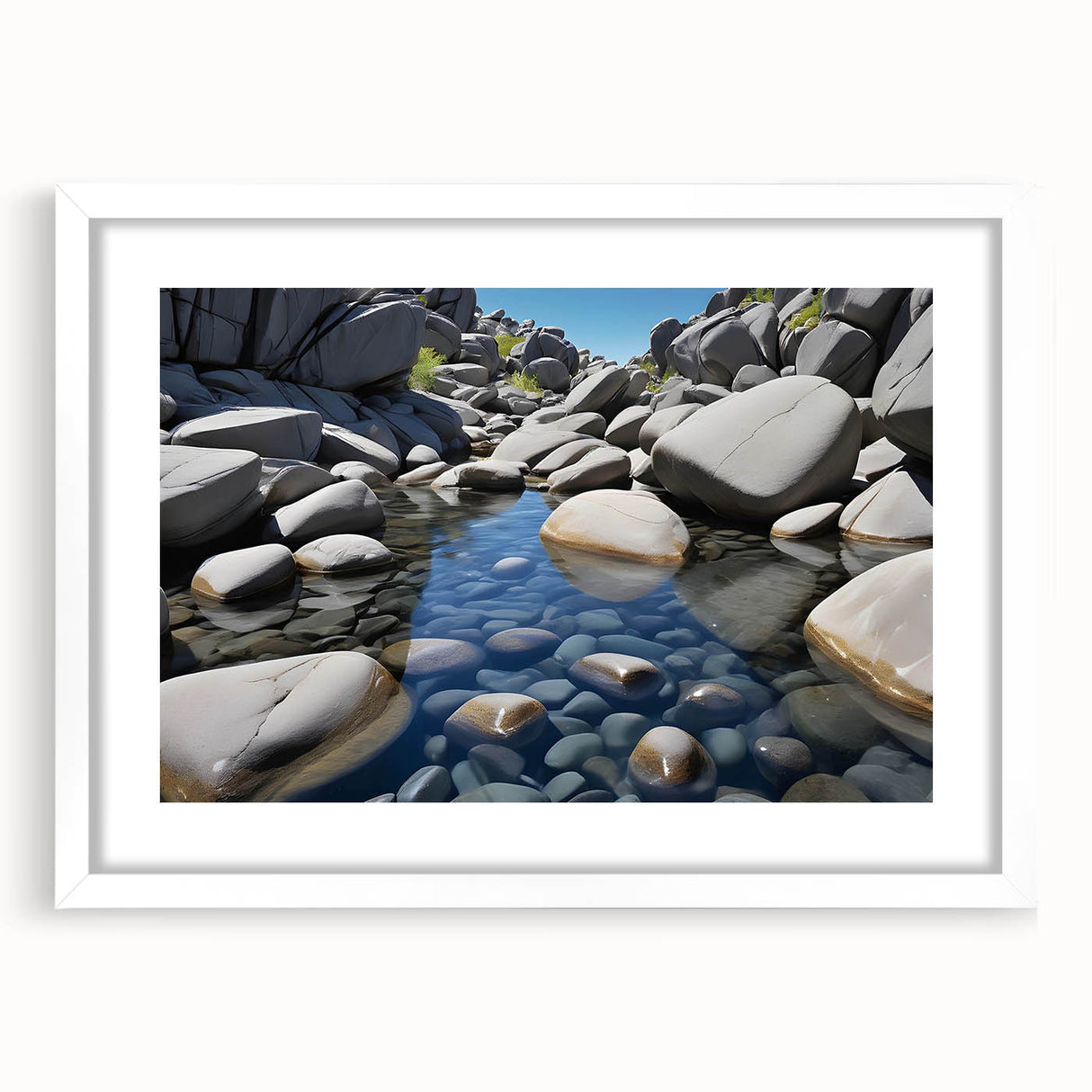Framed wall art featuring a serene landscape with rocky formations, highlighted by soft earth tones and a white mat, perfect for modern home decor.