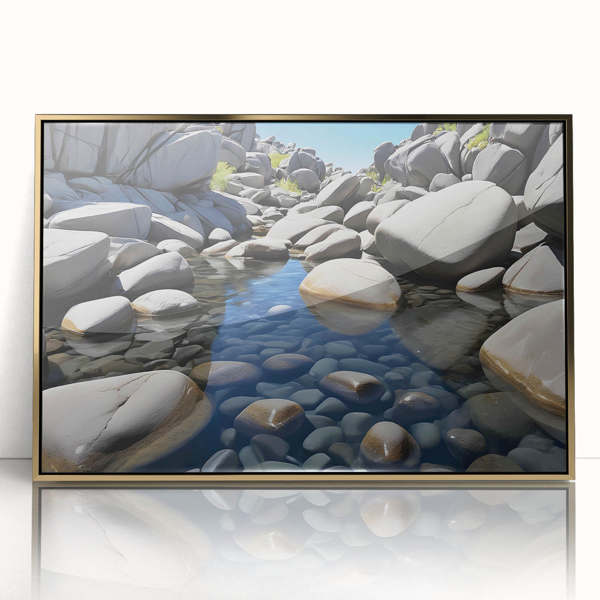 Framed acrylic wall art showcasing a stunning landscape with vibrant rocks, gold accents, and a modern design, perfect for enhancing contemporary interiors.