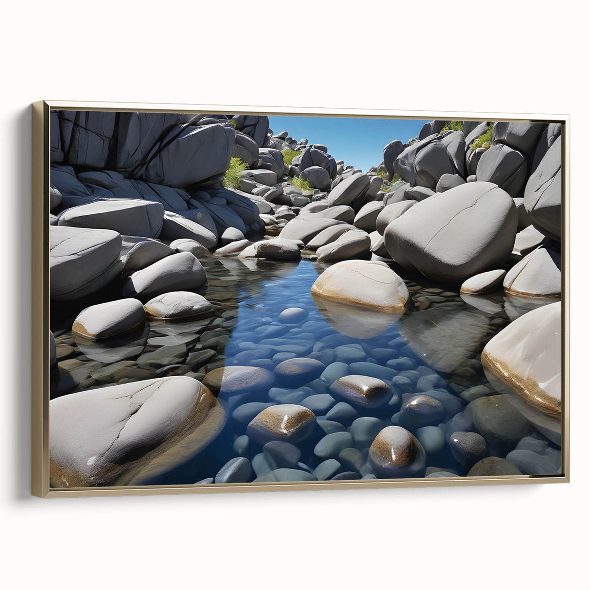 Framed canvas artwork showcasing a stunning landscape with intricate rock formations, accented by a gold frame, perfect for modern home decor and interior design.
