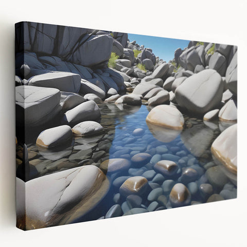 Stretched canvas artwork showcasing a vibrant landscape with rugged rocks and natural textures, perfect for home decor or artistic enhancement.