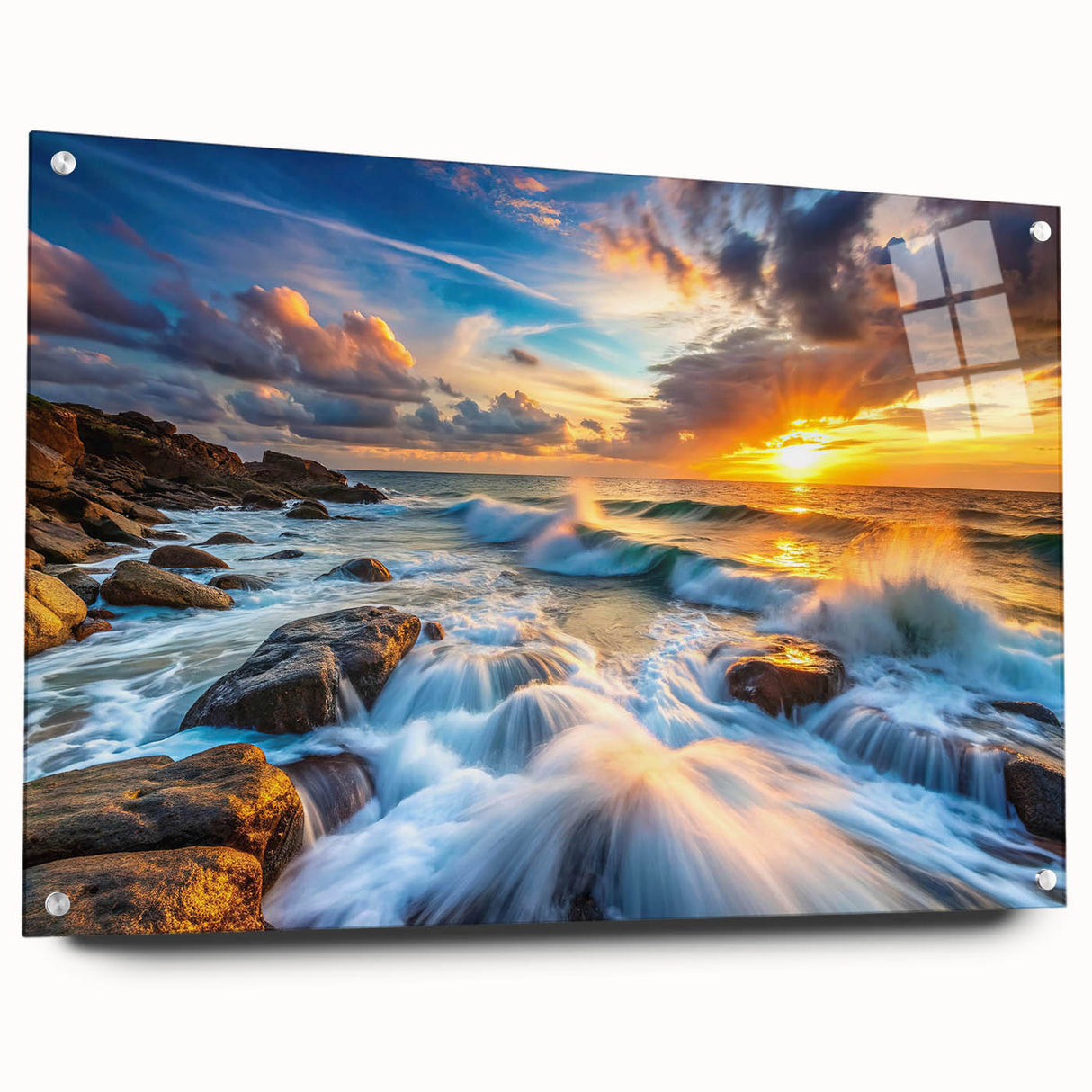 Acrylic glass wall art collection showcasing a vibrant landscape design with striking rock formations, displayed in a side view with decorative pins. Ideal for modern home decor.