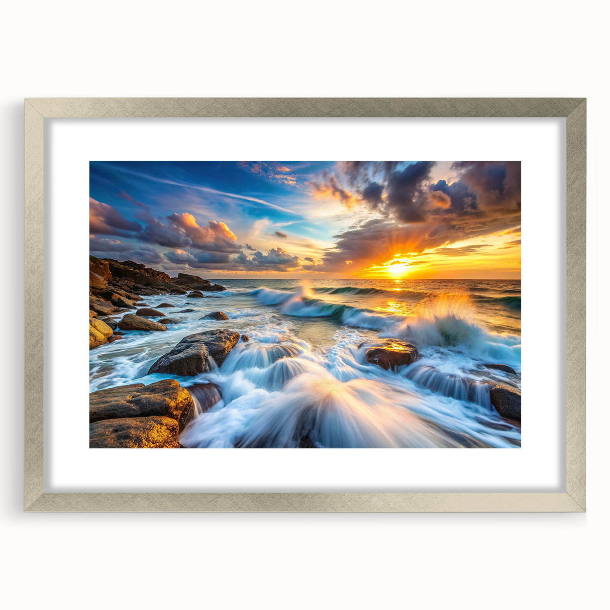 Framed wall art featuring a stunning landscape design with rocks, presented in a sleek silver frame with a mat, ideal for enhancing home decor aesthetics.