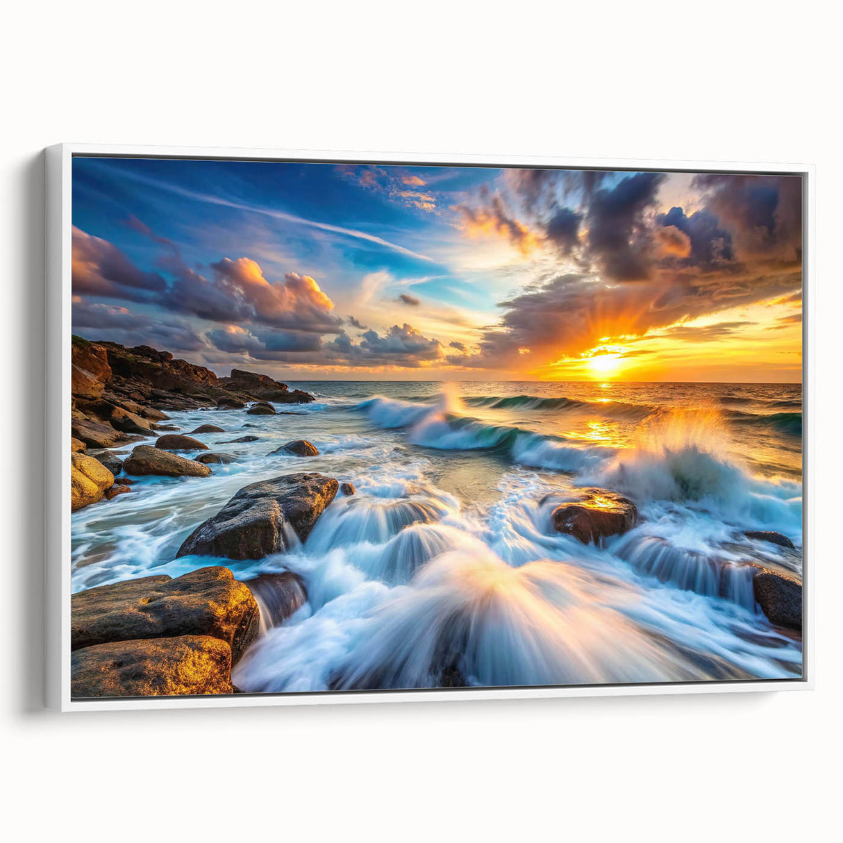 Framed canvas wall art featuring a serene landscape of layered rocks, showcasing earthy tones of brown and beige, ideal for modern home decor.