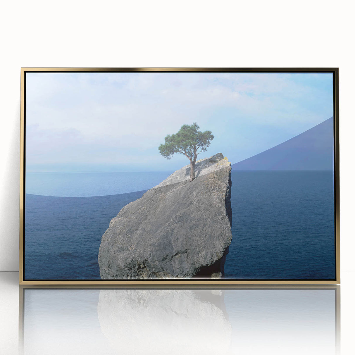 Framed acrylic wall art showcasing a modern landscape design featuring vibrant rocks and gold accents, perfect for enhancing contemporary home decor.