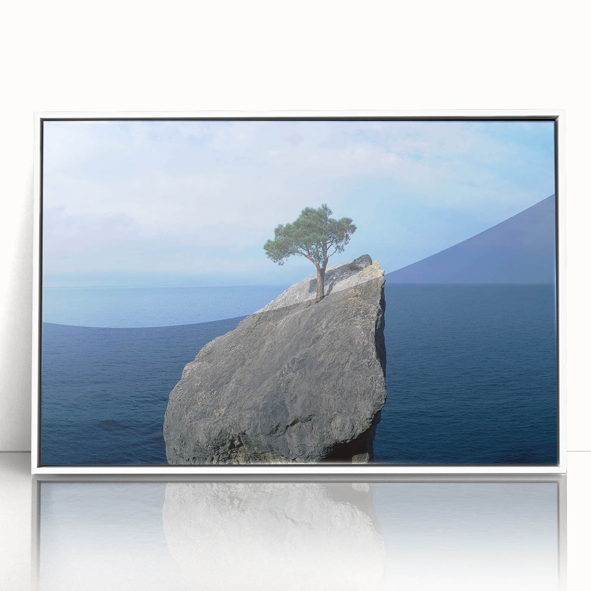 Framed acrylic wall art featuring a stunning landscape design with rocks, presented in a sleek white frame, perfect for modern home decor and interior styling.