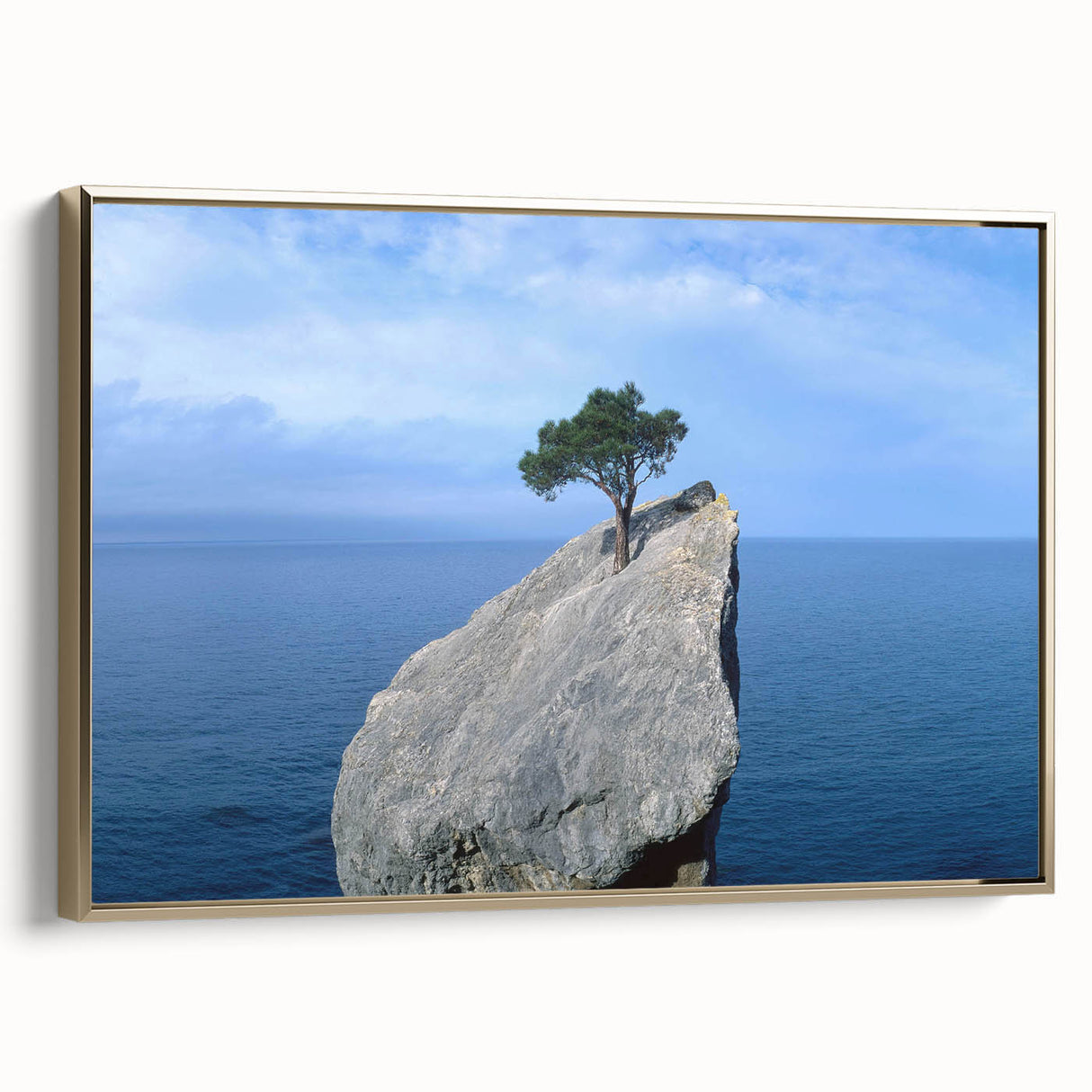 Framed canvas wall art depicting a modern landscape design with rocky formations, accented by gold tones, showcasing an elegant side view for contemporary décor.