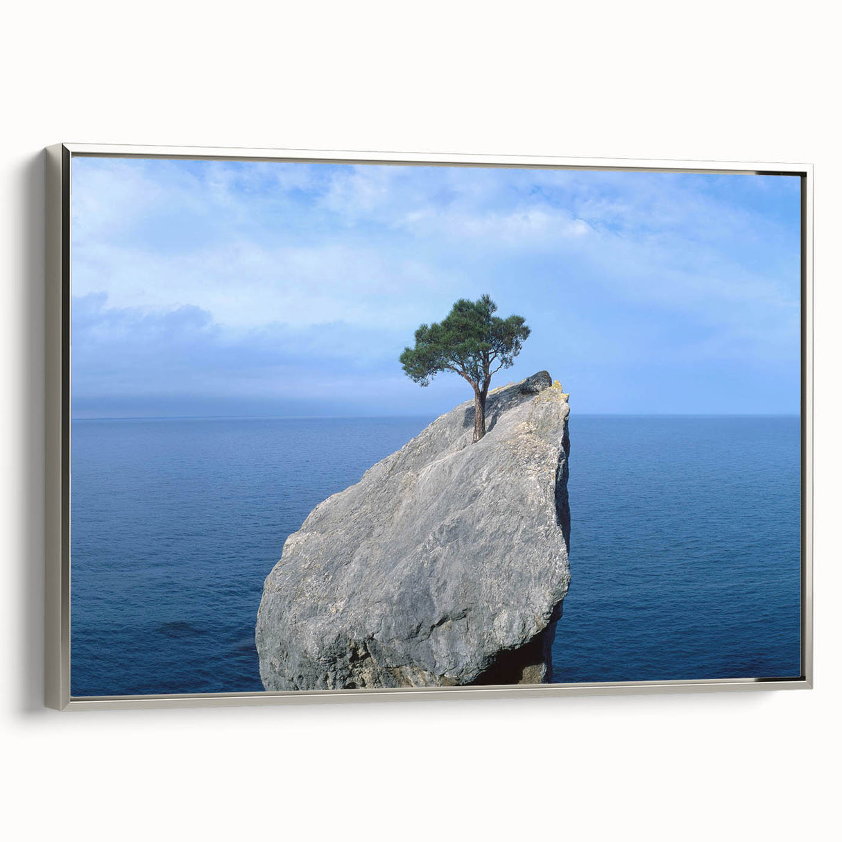 Framed canvas wall art showcasing a modern landscape design with rocky textures and a silver frame, ideal for contemporary home decor.
