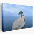 Stretched canvas wall art showcasing a vibrant landscape design with rocky formations, featuring rich colors of blue and earthy tones, perfect for modern decor.