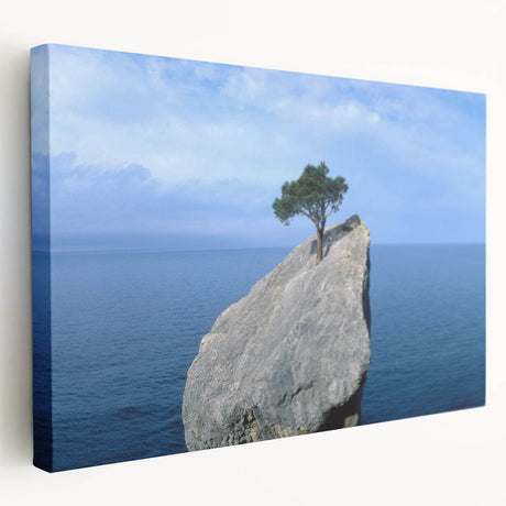 Stretched canvas wall art showcasing a vibrant landscape design with rocky formations, featuring rich colors of blue and earthy tones, perfect for modern decor.
