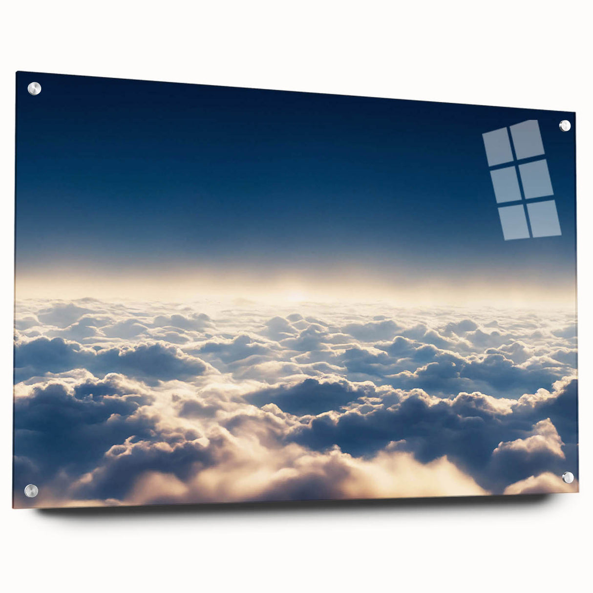 Side view of a modern wall art collection featuring landscapes and skyscapes, displayed in acrylic glass with decorative pins, enhancing interior decor aesthetics.