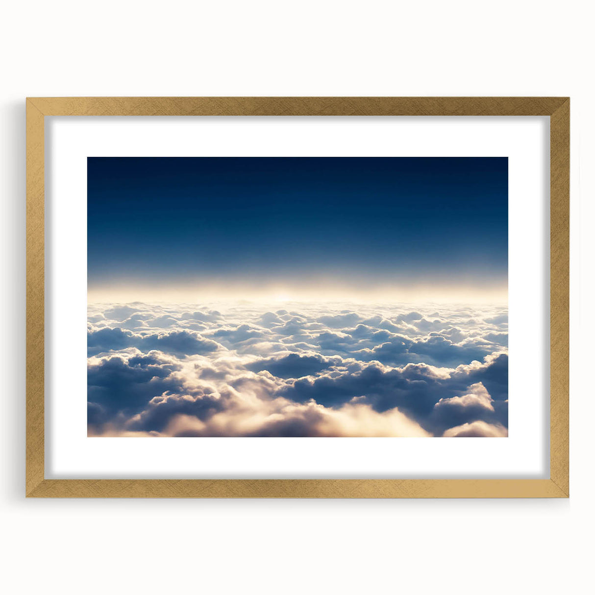 Elegant gold-framed wall art featuring a serene landscape and vibrant skyscape design, perfect for enhancing modern home decor with a touch of nature.