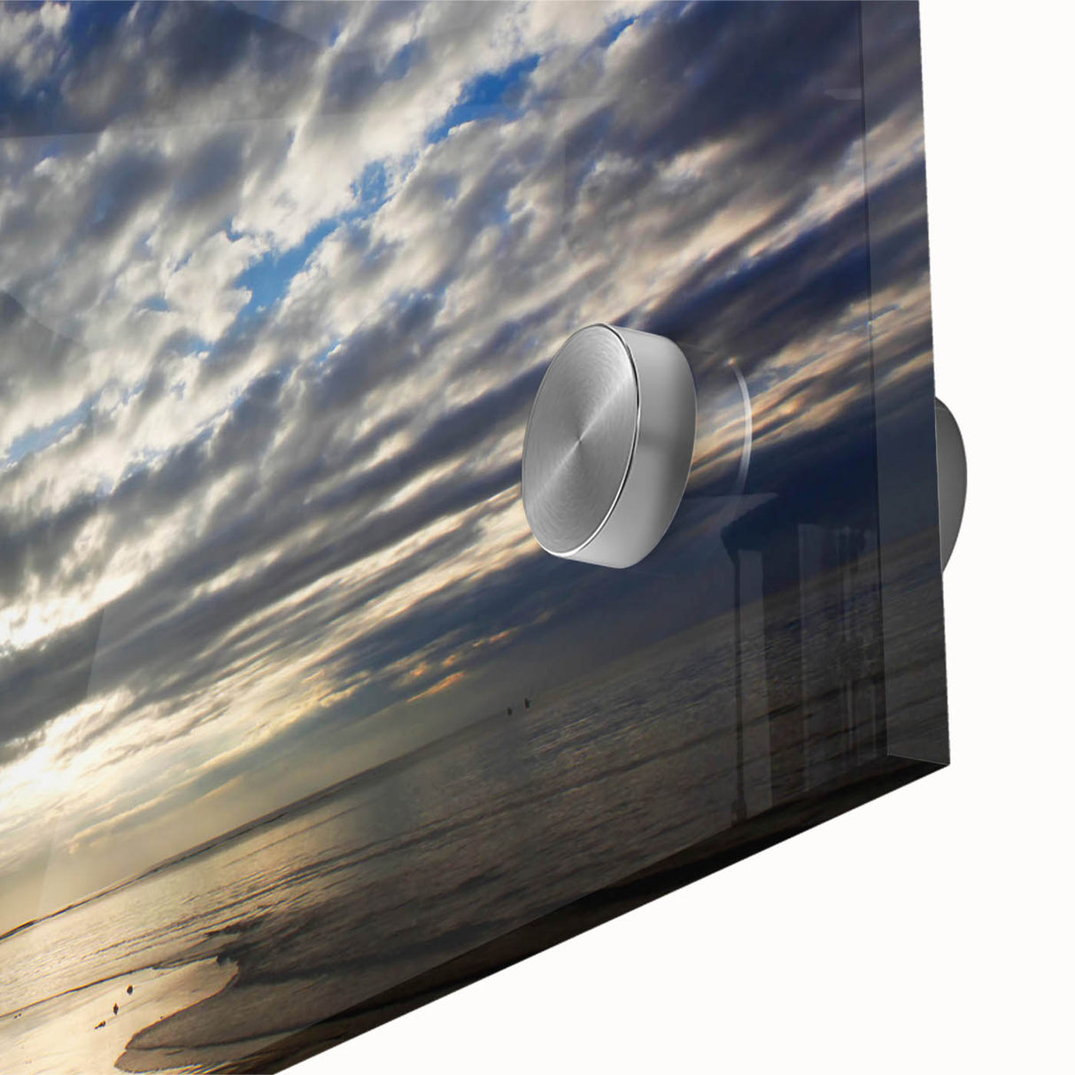 Close-up of a vibrant acrylic glass wall art piece showcasing a colorful landscape and skyscape design, perfect for modern home decor and artistic accents.