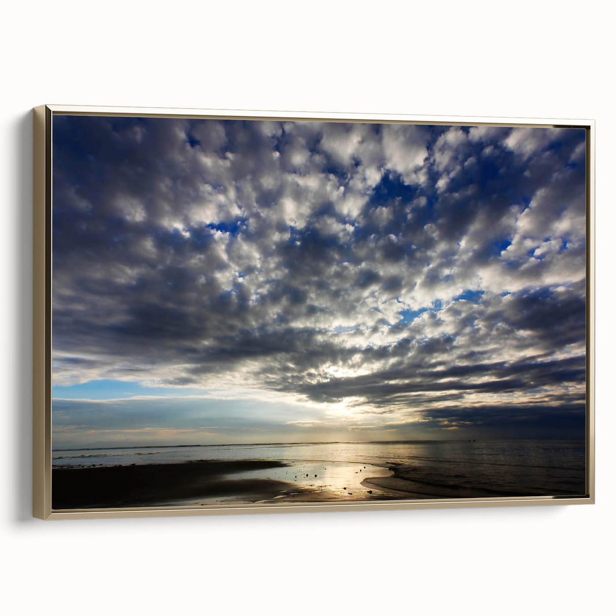 Framed canvas wall art showcasing a vibrant landscapes and skyscapes collection, featuring rich gold accents and a sleek side view, perfect for modern decor.