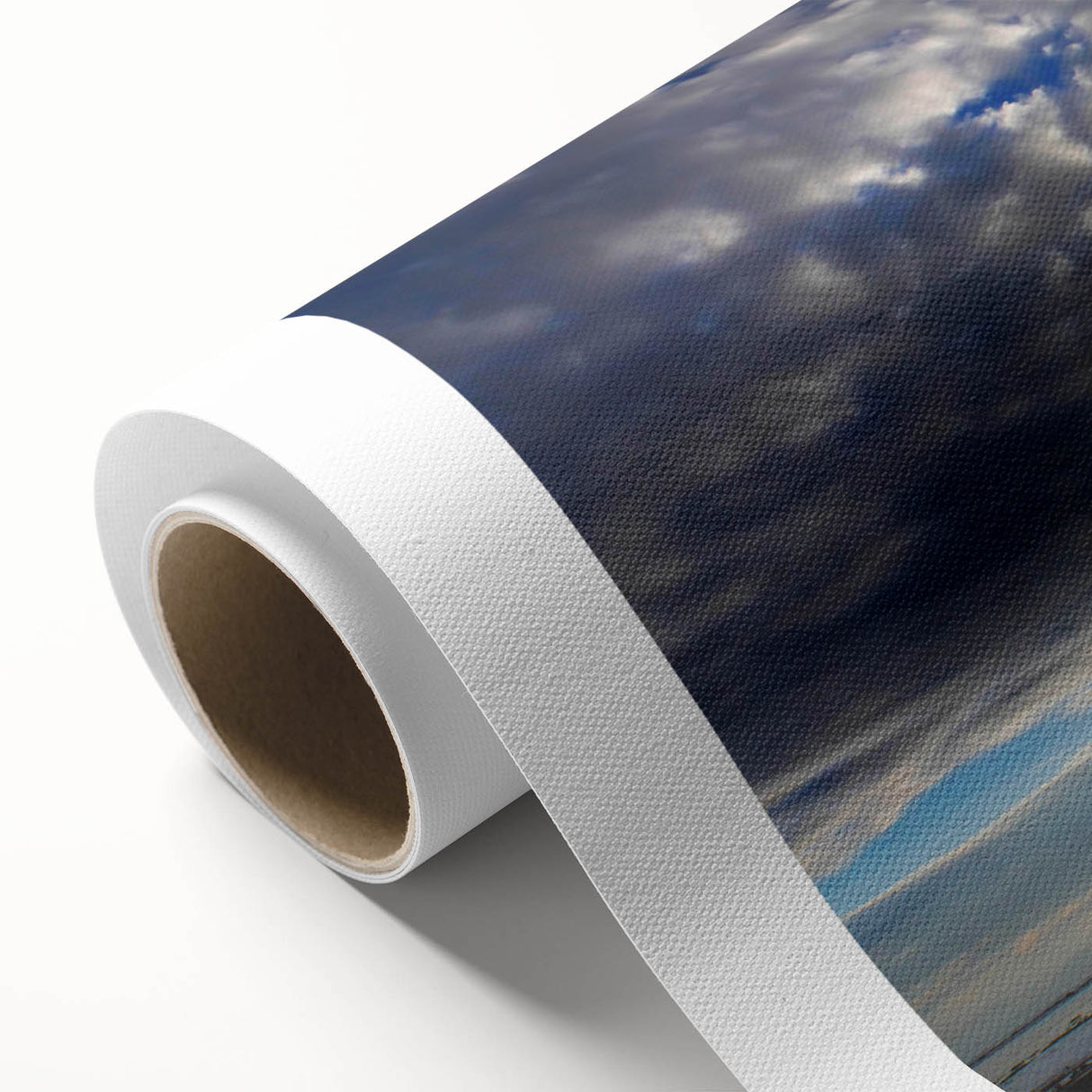 Rolled canvas showcasing a vibrant landscape and skyscape design, featuring rich colors and intricate details, ideal for home decor or art enthusiasts.