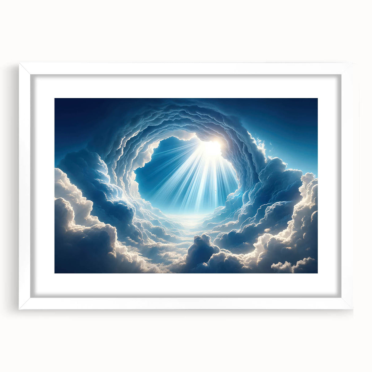 Framed white mat wall art featuring a serene landscape design with vibrant colors, perfect for home decor. The artwork showcases a calming sky and natural scenery, enhancing any room's ambiance. Ideal for art enthusiasts and collectors.