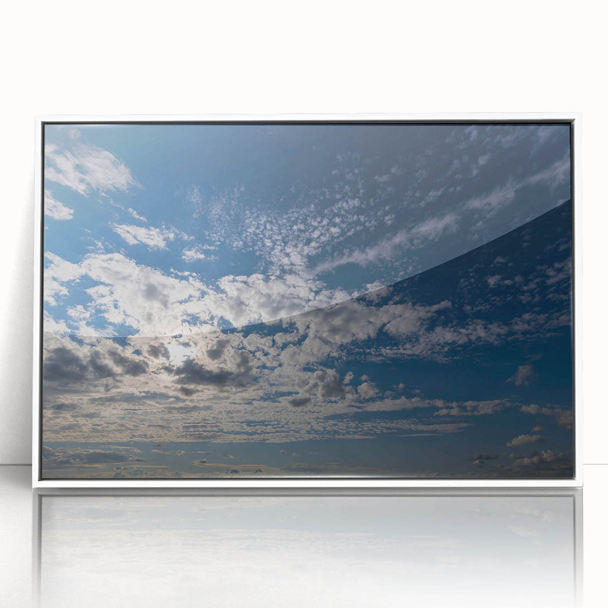 Framed wall art featuring a serene landscape scene with vibrant colors and a white border, designed to enhance modern home decor aesthetics. Perfect for adding a touch of nature to any room.